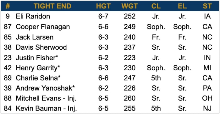 2024 Spring Depth Chart - Tight End